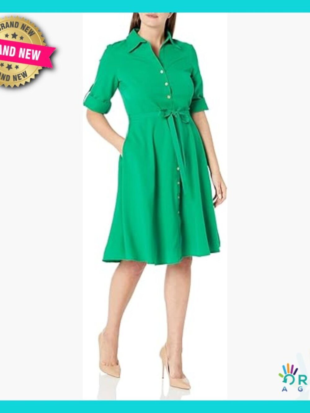 Button Front Pleated Shirt Dress 3/4 Sleeve Classic Chic Casual Elegant